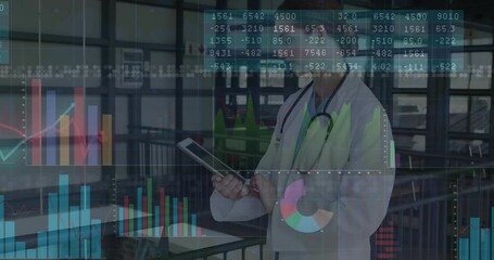 Female doctor tapping tablet and reviewing pulsing health finance charts driving patient care - Powered by Adobe