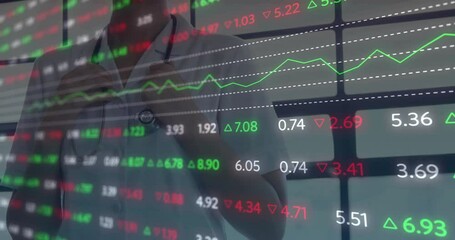 Scrolling financial overlay revealing doctor with stethoscope monitoring line graph behind window - Powered by Adobe