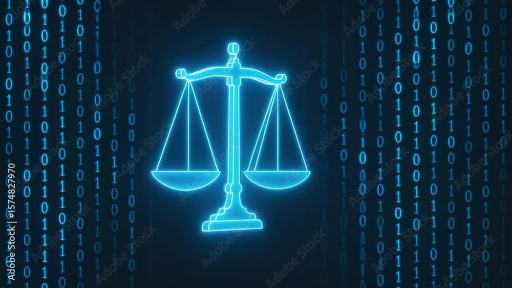 Poster digital justice symbol of scales with binary code background representing technology and law