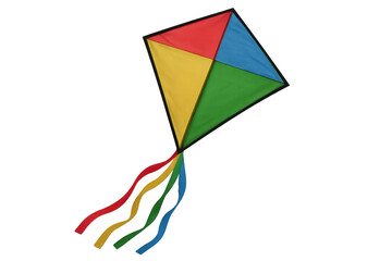 Vibrant kite flying high, multi-colored panels dancing against clear sky, capturing playful outdoor freedom and excitement