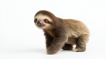 Captivating baby sloth gracefully posed on a pristine white backdrop with soft lighting accentuating its adorable features