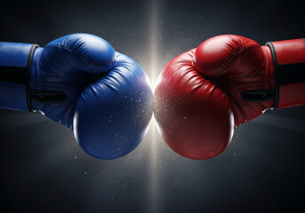 Red and blue boxing gloves clashing in a competitive fight