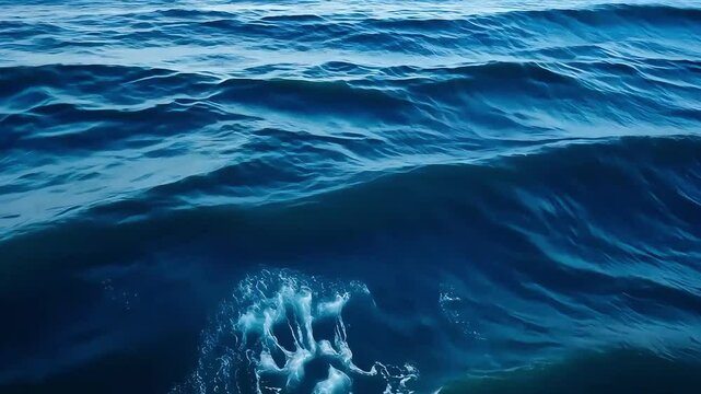 Dynamic deep blue ocean waves showcasing the powerful and rhythmic movement of the sea surface, with beautiful light reflections and foamy spray creating an abstract natural background.