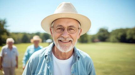 Close up of a senior man standing in a park, beaming senior Caucasian man with a white beard and glasses, wearing a light-colored fedora hat, a light blue unbuttoned shirt over a white t-shirt