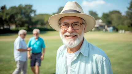 Close up of a senior man standing in a park, beaming senior Caucasian man with a white beard and glasses, wearing a light-colored fedora hat, a light blue unbuttoned shirt over a white t-shirt