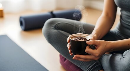 Woman Relaxing After Yoga with Adaptogenic Reishi Mushroom Cacao
