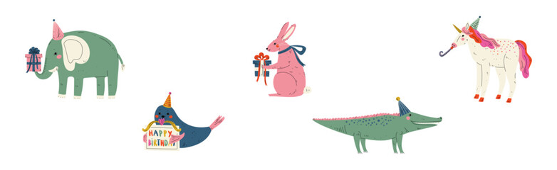 Animal Character at Birthday Party Celebrate Holiday Vector Set