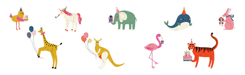 Animal Character at Birthday Party Celebrate Holiday Vector Set