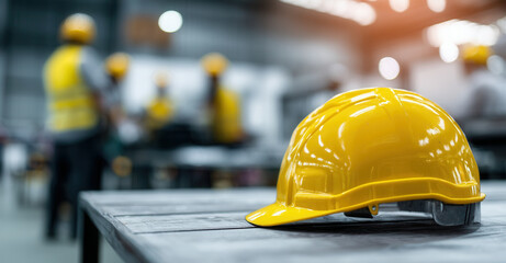 Bright yellow safety helmet on a warehouse table highlights teamwork in industrial setting