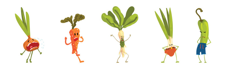 Funny Vegetable Character with Face and Arms Vector Set
