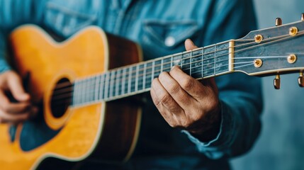 Obraz premium Close up of hands playing chords on acoustic guitar, evoking nostalgia and inviting warmth, perfect for music related themes