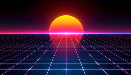 Retrofuturistic sunset over a gridded landscape