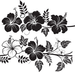 Obraz premium Beautiful black hibiscus floral border design with elegant leaves and butterfly details. Decorative tropical silhouette symbolizing beauty, harmony, and nature’s elegance. 