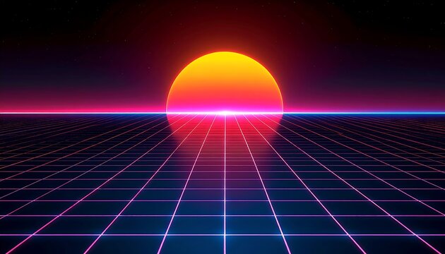 Retrofuturistic sunset over a gridded landscape