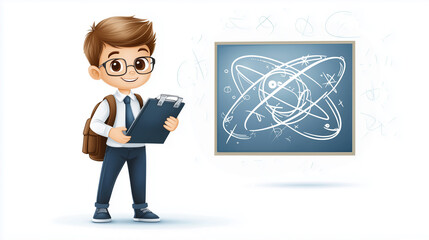 Cartoon schoolboy with clipboard near science chalkboard