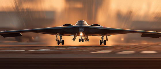 B-2 Spirit stealth bomber on final approach to runway, landing gear extended, dramatic low angle shot, military airfield, sunset lighting, realistic aircraft photography