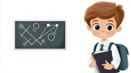 Cartoon schoolboy with book near chalkboard drawing