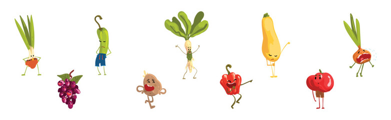Funny Vegetable Character with Face and Arms Vector Set