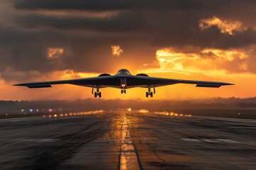 B-2 Spirit stealth bomber on final approach to runway, landing gear extended, dramatic low angle shot, military airfield, sunset lighting, realistic aircraft photography