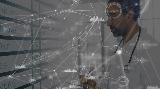 Doctor studying assignment board, generating medical data overlay ensuring care coordination