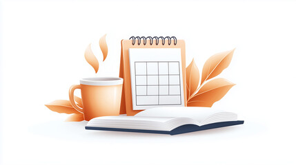 Calendar with book and mug in autumn themed illustration
