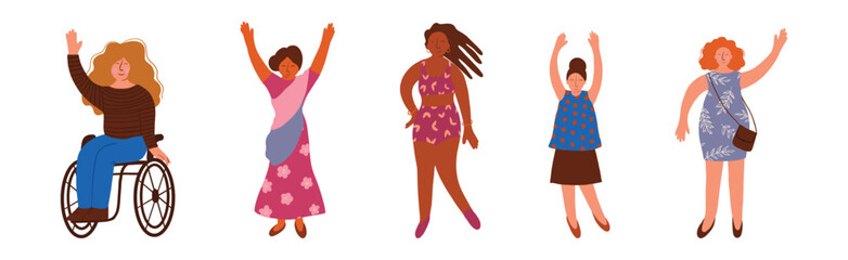 Pretty Body Positive Woman in Standing Pose Vector Set