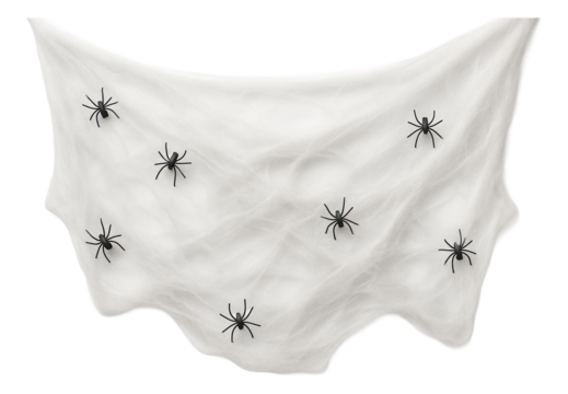 A collection of faux cobwebs with plastic spiders, perfect for draping over windows and doorways in a private home to enhance the spooky decor.