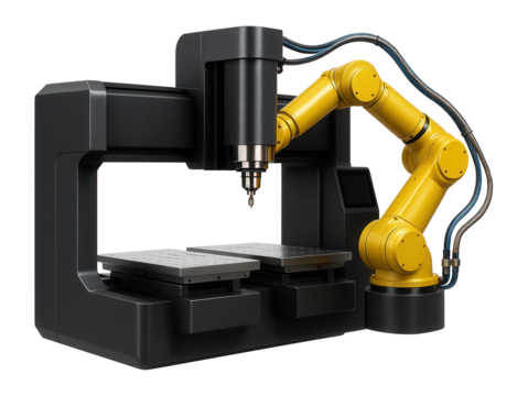 CNC milling center with a dual-table setup and robotic arm integration for automated machining in a manufacturing plant