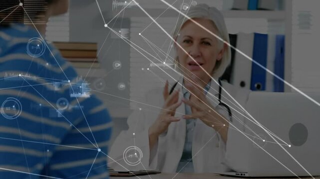 As network graphics fading in pregnant patient holding belly while doctor initiating health checkup