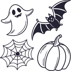 Vector cartoon set of Halloween pumpkins with a black cat, bat, spider, and ghost