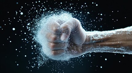 A powerful fist creates a dynamic splash of water, demonstrating force and motion against a dark background.