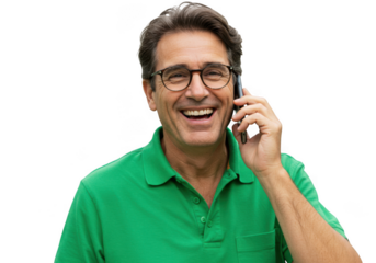 Smiling middle aged man in green polo shirt talking on cell phone isolated on white background