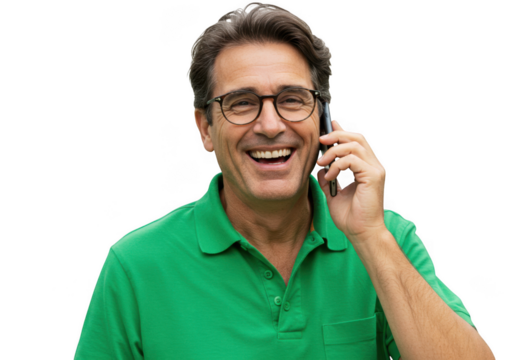 Smiling middle aged man in green polo shirt talking on cell phone isolated on white background