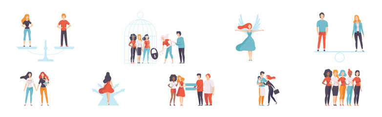 Obraz premium Gender Equality in Society with Woman Character Fight Against Discriminations Vector Set