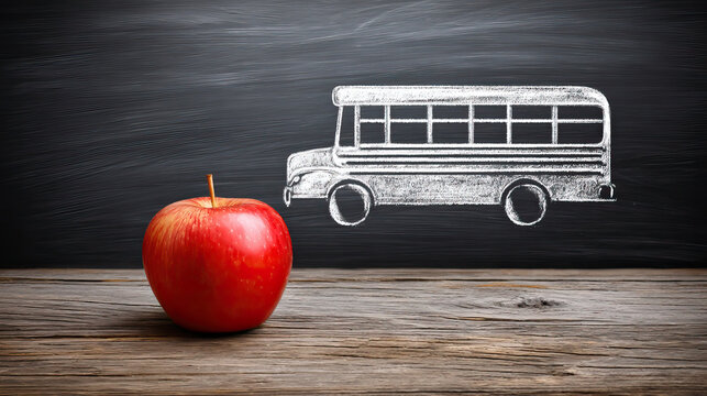 Red apple on wooden table with chalk drawing of school bus on blackboard symbolizing back to school concept and healthy education