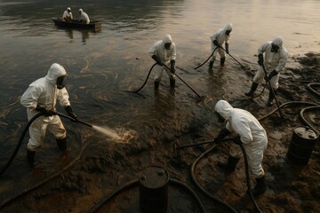 Environmental Cleanup: An image portraying workers in protective suits cleaning up an oil spill with industrial equipment.