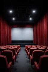 Fototapeta premium Empty red-curtained cinema auditorium with rows of seats and projector screen
