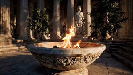 Eternal flame burns steadily in ancient stone bowl against backdrop of classical architecture with sacred statue. This flame symbolizes remembrance, heritage, timeless honor, ancient architecture