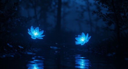 Glowing lotus blooms by serene dark waters
