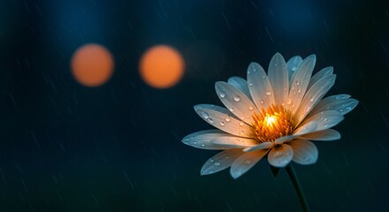 Glowing lotus in a gentle rain