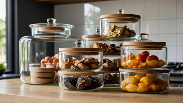 Glass Jars with Wooden Lids Filled with Nuts and Dried Fruits: A collection of clear glass storage jars with bamboo lids, filled with an assortment of nuts and dried fruits, sits on a kitchen counter. - Powered by Adobe