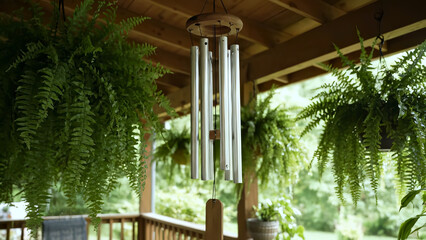 Delicate windchime tubes sway gently in warm breeze, casting soft reflections in tranquil backyard surrounded by greenery. Metallic sound of windchime, relaxing and peaceful outdoor ambiance
