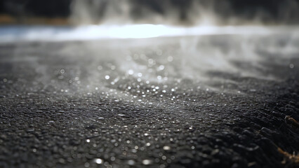 Dry asphalt radiates intense summer heat, creating shimmering effect that distorts air above surface. Rising steam and glare from asphalt evoke harshness of scorching urban summer