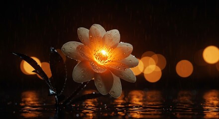 Illuminated flower reflecting in still water