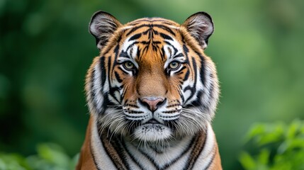 Fototapeta premium Close up portrait of a Sumatran tiger showing its majestic gaze and powerful presence in a lush green environment, conveying a sense of wild beauty and conservation