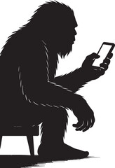 Bigfoot Yeti Black & white silhouette who is chatting on smartphone