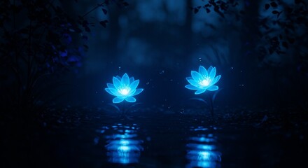 Luminous aquatic flora mirroring starlight below