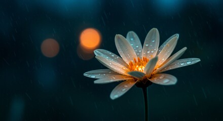 Luminous flower in a gentle rain