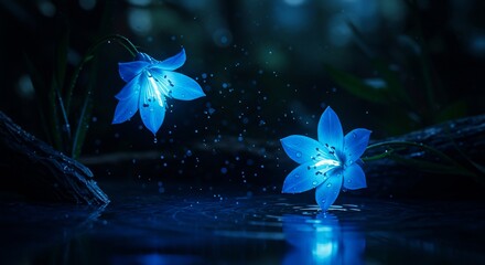 Luminous bluebell flowers dark water scene