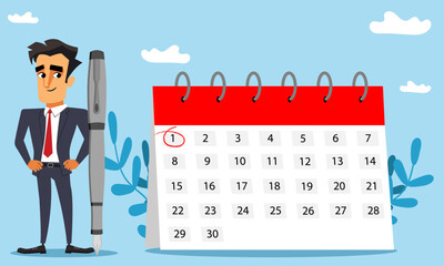 Business man standing next to a calendar, Time Management or business meeting concepts, event scheduler